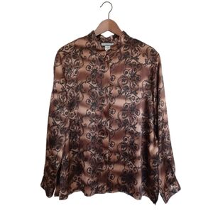 NOTATIONS Woman 18W Elegant Brown Black Floral Blouse Button Front Dressy Top